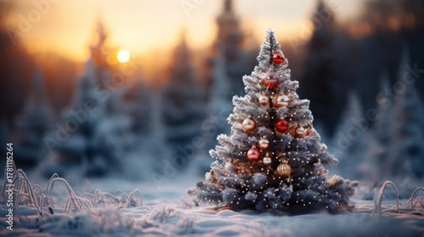 Obraz Christmas tree in the forest at night. New Year and Christmas concept. Christmas Tree with Presents. Christmas. Merry Christmas Concept. Happy New Year Concept.