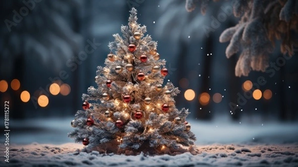 Fototapeta Christmas tree in snow with lights on background. Christmas Tree with Presents. Christmas. Merry Christmas Concept. Happy New Year Concept.