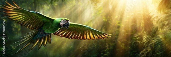 Fototapeta A vibrant parrot soars through sunlit jungle foliage, its wings spread wide. Freedom, natural beauty, and the splendor of wildlife.