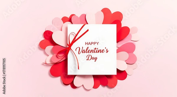 Fototapeta Celebrating love with a festive arrangement of paper hearts and a Happy Valentine's Day note tied with a delicate red ribbon
