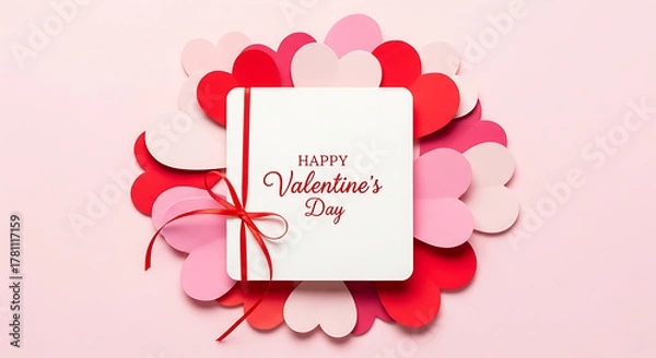 Fototapeta Heartfelt Valentine's Day Card with Paper Hearts and Ribbon on Pink Background