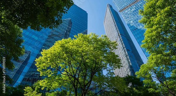 Fototapeta Skyscrapers and Lush Green Trees Under a Clear Blue Sky, Creating a Harmonious Blend of Urban Development and Nature's Beauty