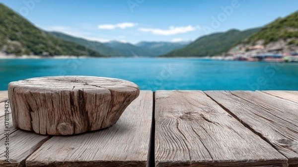Obraz Close-up of a wooden table with a smooth, light brown plank resting on top, showcasing natural wood grain texture in a well-lit indoor setting.