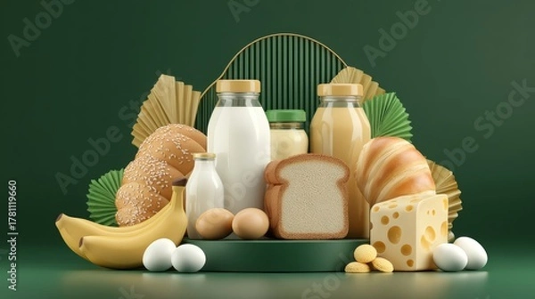 Fototapeta A variety of breakfast foods including milk, juice, bread, cheese, eggs, bananas, and pastries are arranged against a green background.