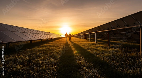 Fototapeta Two people walking towards the sun between rows of solar panels in a field at sunset, illustrating renewable energy and sustainability