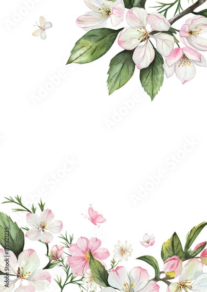 Obraz Vertical watercolor frame with apple blossoms, butterflies and pink flowers. Hand drawn border with green leaves on clean white background. Elegant rectangular illustration with space for text.