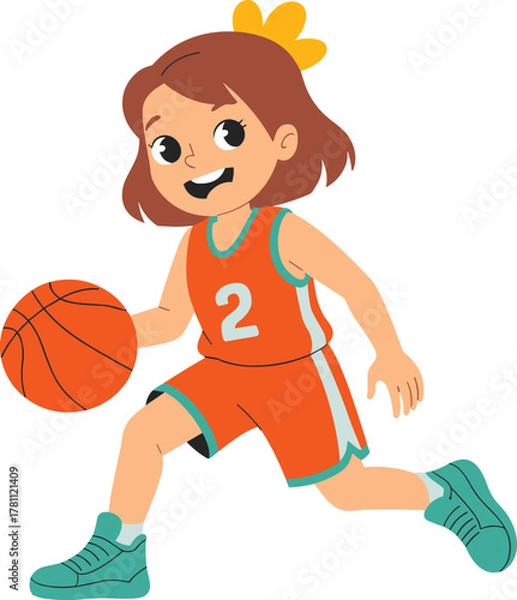 Obraz basketball, child, girl, sport, jersey, dribble, ball, play, athlete, confident, motion, fun, game, illustration, vector, design, cartoon, character, activity, icon