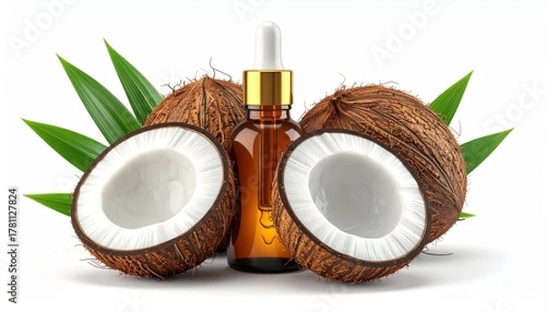 Fototapeta Coconut oil bottle with fresh coconuts and green leaves arranged on white.
