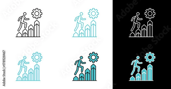 Fototapeta Person climbing bar chart icon for career development and performance improvement in line and fill style