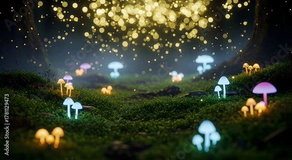 Fototapeta Enchanted Forest: Glowing Mushrooms and Fairy Lights, Mystical Mushroom Glade with Bioluminescent Fungi and Golden Bokeh