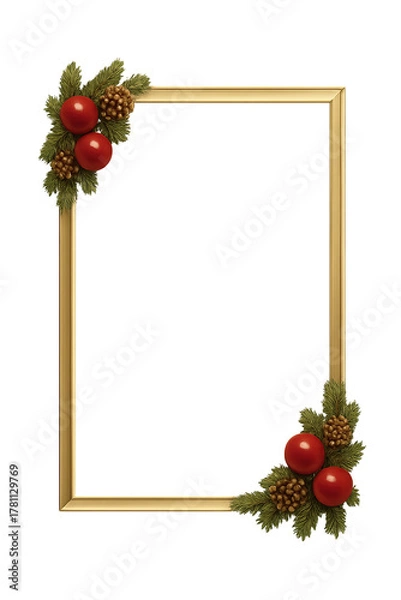 Fototapeta Festive gold frame adorned with pine boughs, ornaments, and pinecones. Elegant.