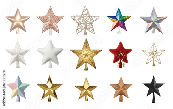 Obraz Assorted Christmas tree star toppers in metallic matte and colorful finishes isolated on transparent background for holiday decoration and design use