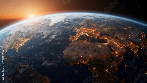 Fototapeta Global Network Connections Around Planet Earth at Sunrise