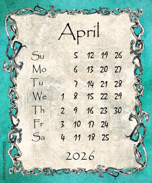 Fototapeta Vintage style monthly calendar 2026 year poster