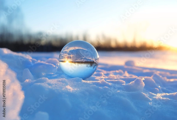 Fototapeta winter landscape with magic crystal ball on snow, nature background. spiritual healing crystal practice. witchcraft, magic ritual for winter solstice, Yule. Christmas, new year wonderful season