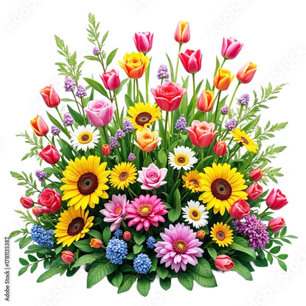 Fototapeta A bright, colorful bouquet of flowers featuring pink gerbera daisies and other blooms isolated on white