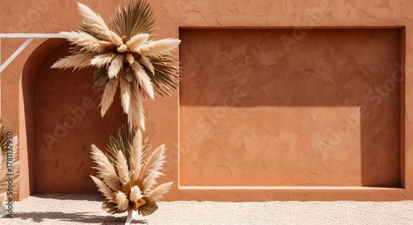 Obraz Rustic Terracotta Wedding Backdrop with Pampas Grass Accents, Minimalist Desert Wedding with Textured Wall and Dried Floral Arrangement