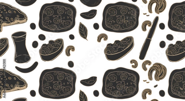 Obraz Cad drawing flat vector illustration, seamless food pattern, Italian cuisine, pizza slice, pasta bowl, chili pepper, basil, kitchen elements
