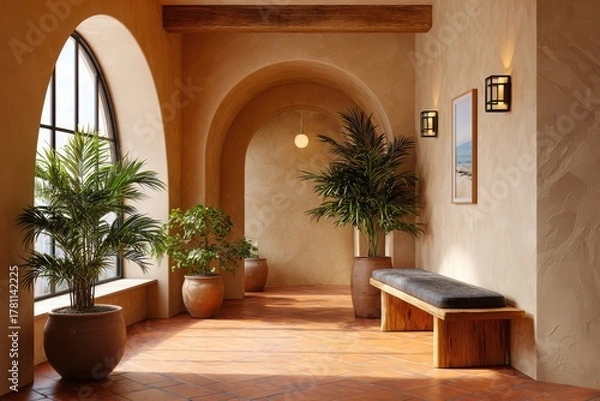 Fototapeta Serene mediterranean courtyard with arches plants and rustic seating