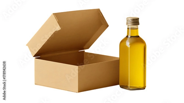 Fototapeta Open cardboard box and bottle of golden oil isolated on transparent background
