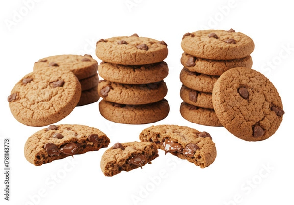Fototapeta Freshly baked chocolate chip cookies, whole and broken, revealing soft chewy interiors, gooey melted chocolate chips, on a transparent background, gourmet snack concept