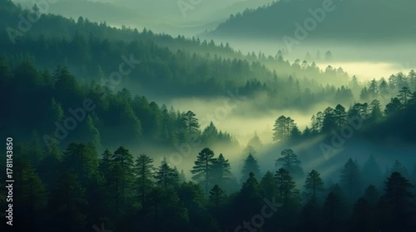 Fototapeta Misty morning light filtering through a dense evergreen forest