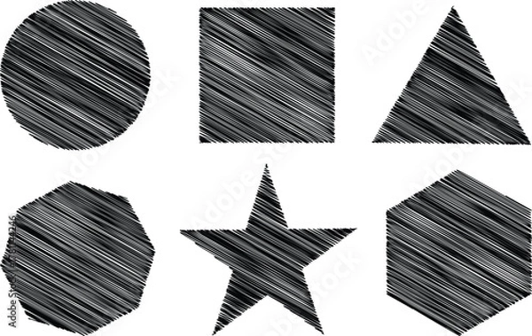 Obraz Six Black Scribbled Geometric Shapes On White Background texture
