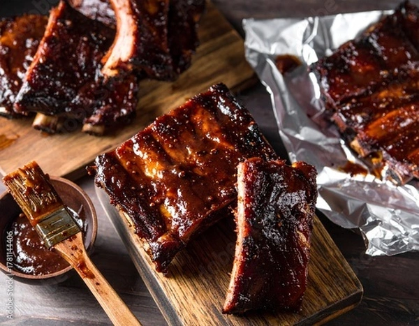 Fototapeta Several racks of barbecue ribs, coated in a shiny, dark sauce. Some ribs are on wooden boards, and others are on aluminum foil, with a brush and sauce bowl visible.
