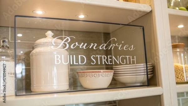 Fototapeta Jar and Bowls on a Kitchen Shelf with a Neutral Tone