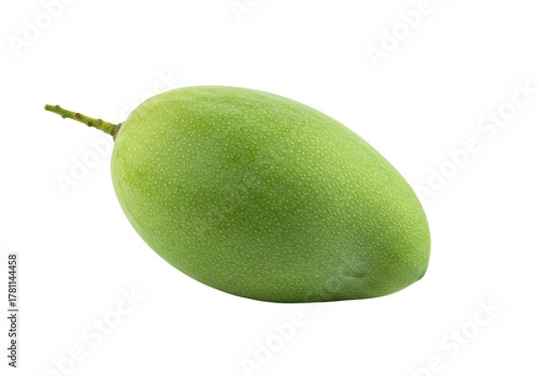 Obraz Unripe green mango with distinct rough skin and brown stem, vibrant green, positioned diagonally against pristine bright white background with copy space, natural freshness concept