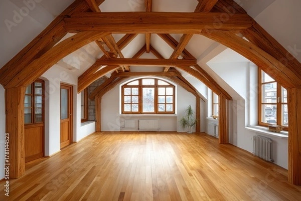 Fototapeta Spacious attic room with exposed wooden beams and hardwood floors