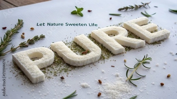 Fototapeta Sugar Art Spelling Out Pure Surrounded by Herbs