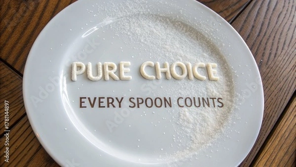 Fototapeta Sugar writing Pure Choice on a white plate