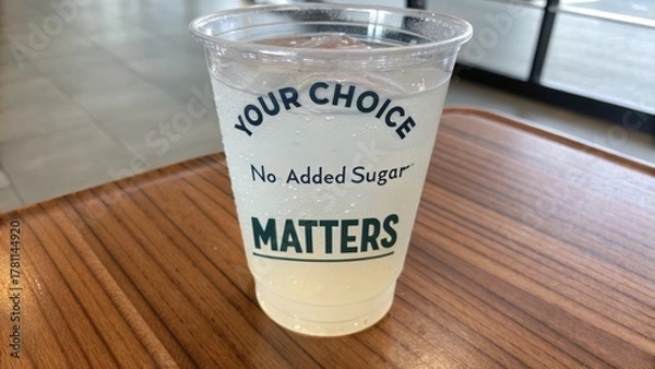 Fototapeta Transparent Cup of Drink with No Added Sugar on Wooden Surface