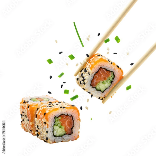 Obraz Macro of Japanese Uramaki sushi with salmon, cucumber, sesame seeds, held mid-air by wooden chopsticks on transparent background, concept of dynamic food art