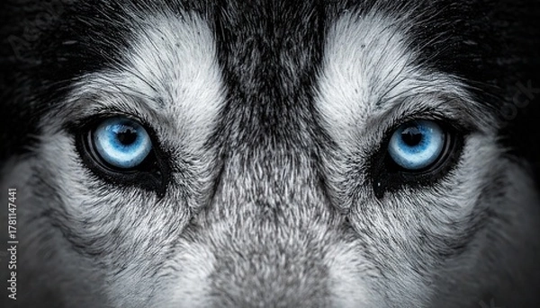 Obraz A dramatic, ultra-detailed portrait of a husky, focusing on the symmetrical and piercing gaze of its brilliant blue eyes