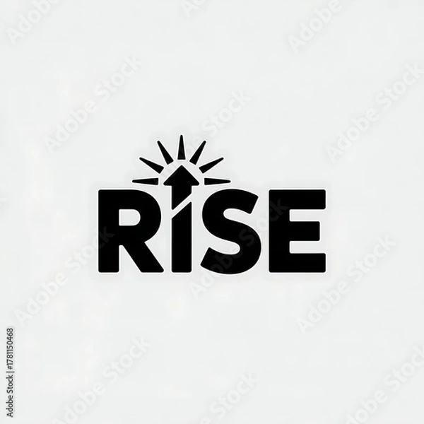 Fototapeta Bold 'RISE' text with upward arrow and sunburst symbol signifies growth, success, and new beginnings for modern business branding.
