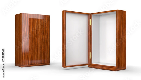 Obraz Vertical wooden gift case, white inside. 3d illustration set on white background