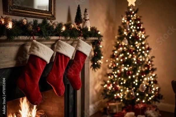 Fototapeta Stockings hung by the chimney with care. The room is glowing with the warmth of the fire and the lights of the Christmas tree.