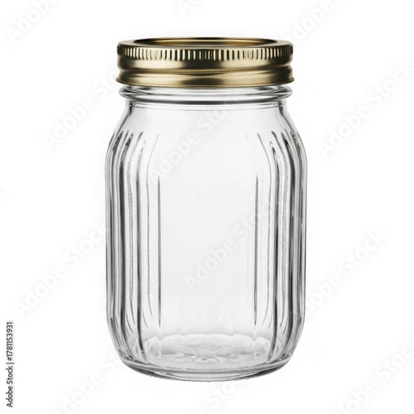 Fototapeta Empty transparent glass jar with golden lid and ribbed design