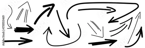 Fototapeta hand drawn sketch pencil drawing many different arrow element set, graphic vector pen scribble icons isolated on transparent png