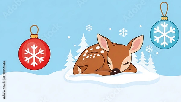 Fototapeta Cute cartoon reindeer sleeping before Christmas on the snow with fir trees and red and blue Christmas tree balls isolated.
