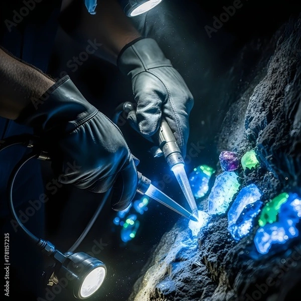 Fototapeta Futuristic photograph of gloved hands extracting glowing crystals with tools.