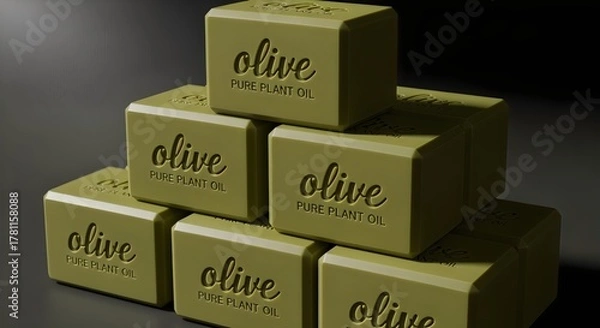Fototapeta Stacked natural olive oil soap bars, minimalist 3D render product mockup.
