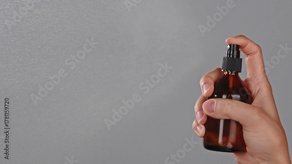 Obraz Close-up of a female hand spraying a fine mist from a amber bottle on a grey background. Skincare or haircare spray serum in use with copy space. Spraying process wellness cosmetic beauty product 