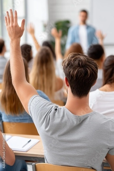 Fototapeta A male student raises his hand to ask a question in a university classroom. A group of young people participating in a lecture. Higher education and active learning concept