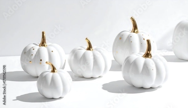 Fototapeta White glass pumpkins with golden polka dots on bright reflective surface
