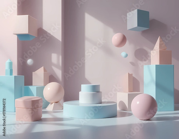 Obraz Minimalist Product Mockup with Floating Geometric Shapes and Pastel Background