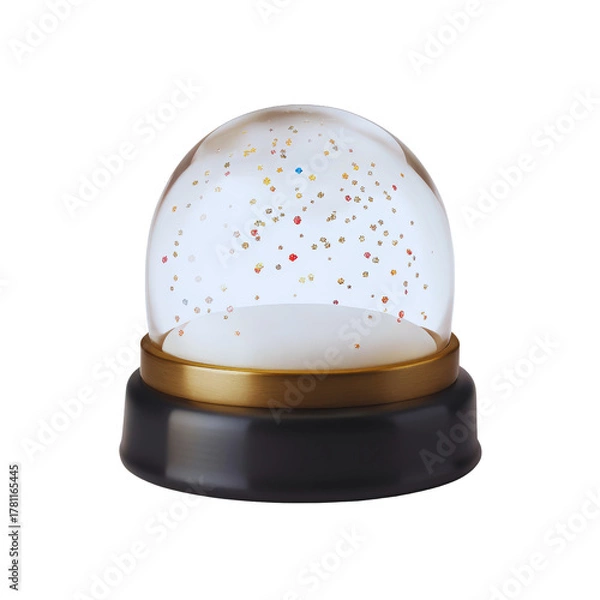 Obraz A clear glass snow globe with colorful confetti and tiny shapes on a dark base