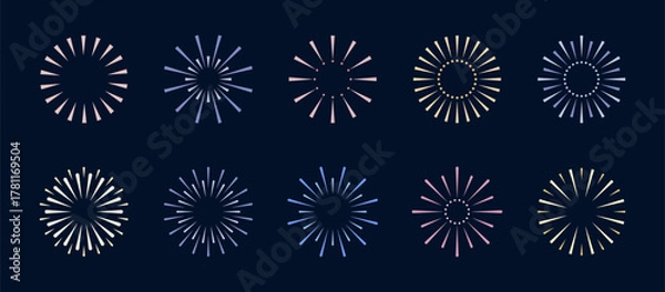 Fototapeta A set of fireworks icons, vector illustration, isolated on a dark background. A graphic element for design, decoration, celebration, postcard, poster. Sparks, lights, flashes in the sky, light rays